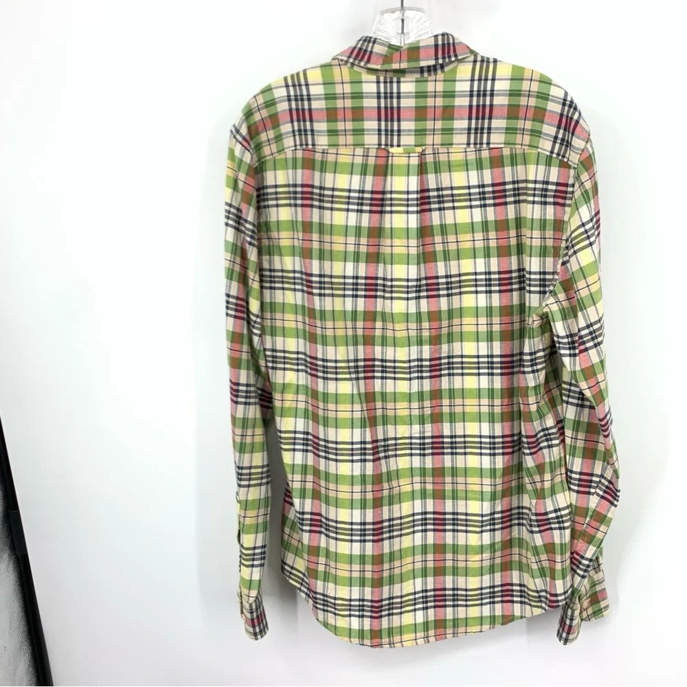 LL Bean Signature Men Size Small Shirt Button Down Top Green Yellow Plaid Cotton
